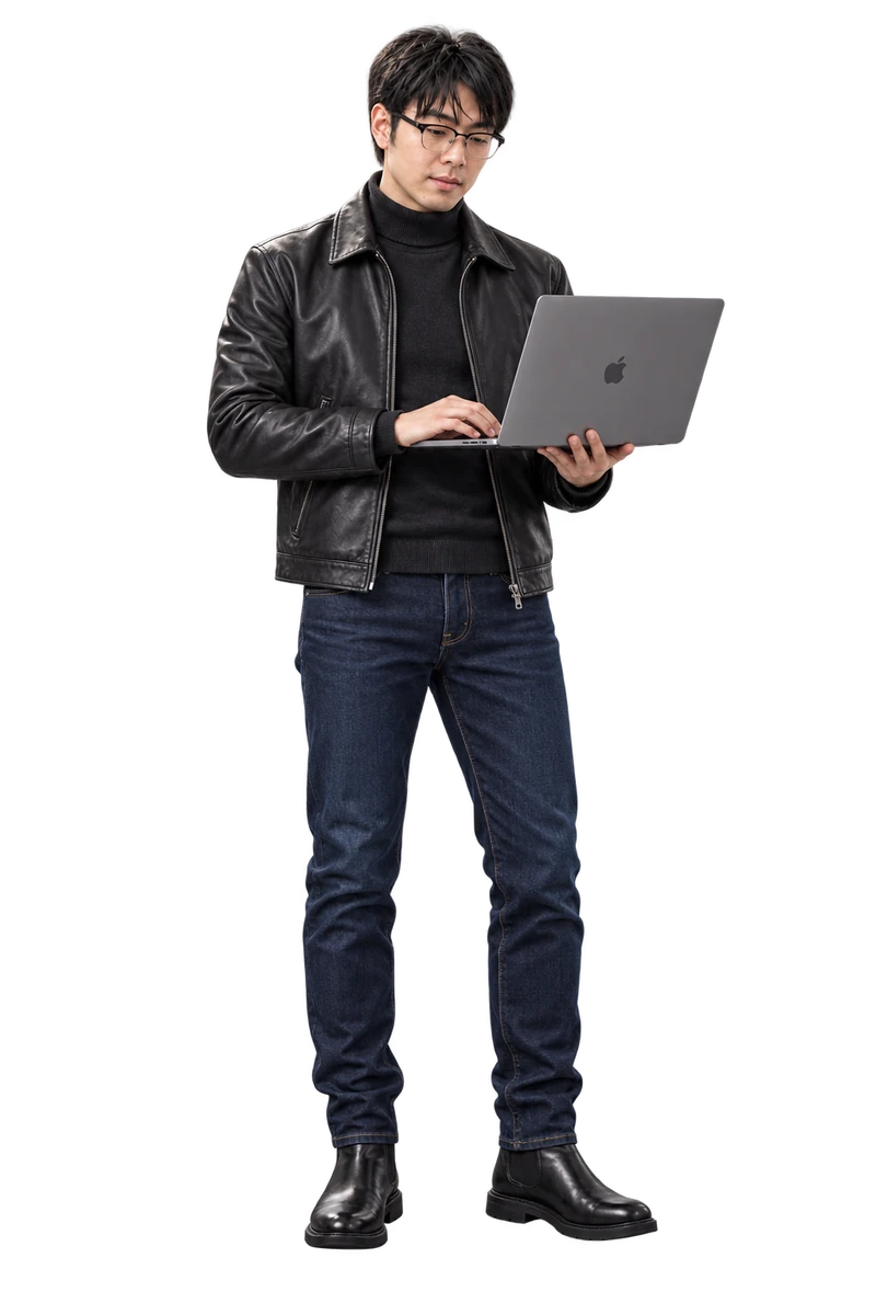 Mac Zhang in a leather jacket, turtleneck and jeans, holding a MacBook Pro and looking at its screen
